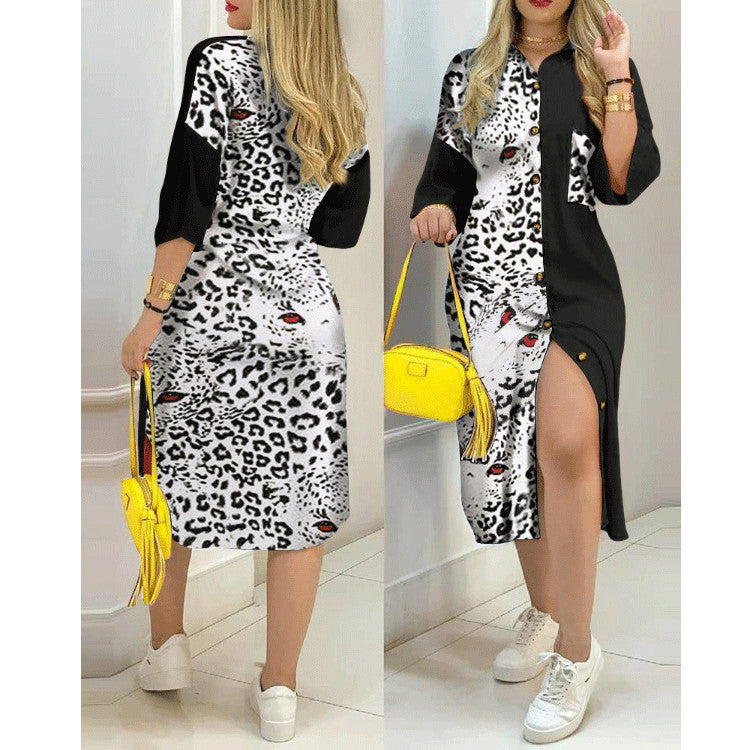 Fashion Shirt Skirt Contrast Color Loose Print Spring And Summer New Dress Women